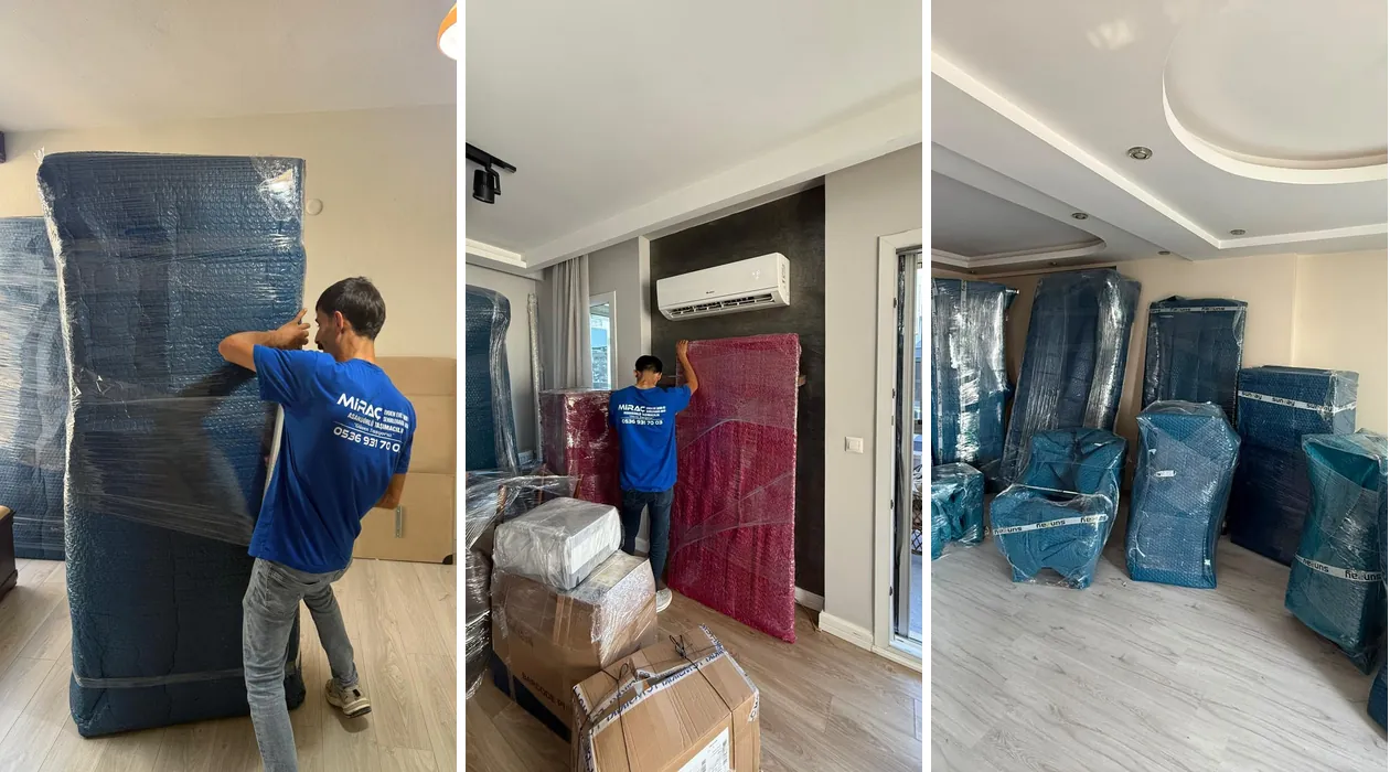 Üniformalı Miraç Nakliyat ekibi eşyaları ambalajlıyor